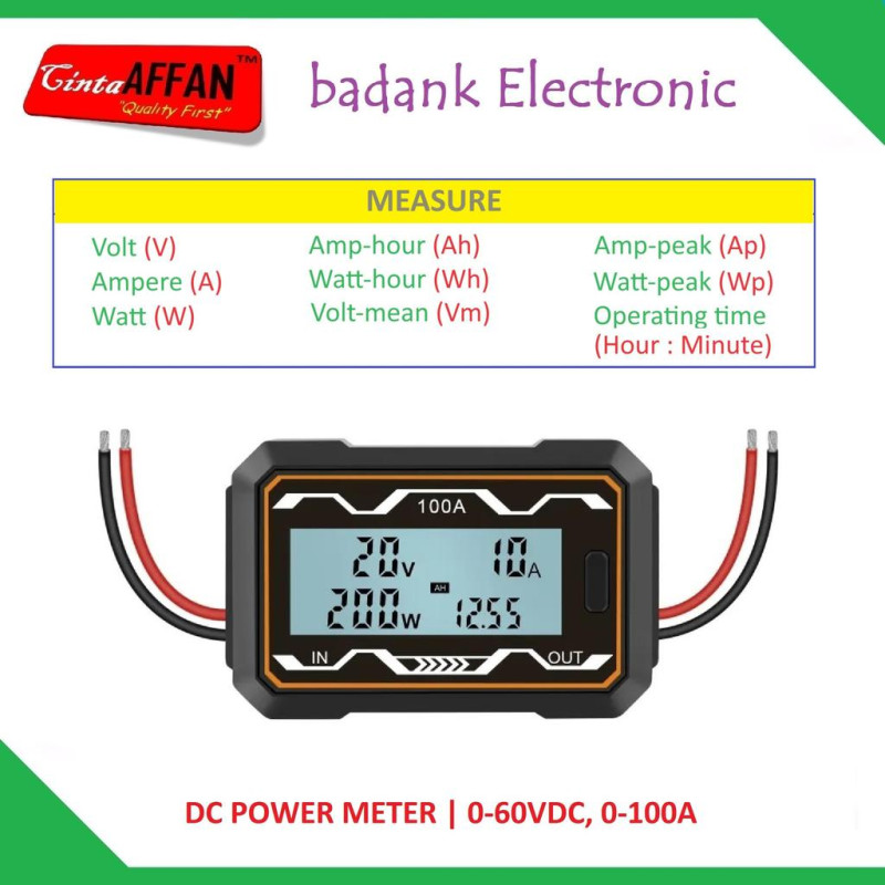 DC Digital Power Meter 0-60V / 0-100A - Measure Wh Ah Watt Voltage Ampere